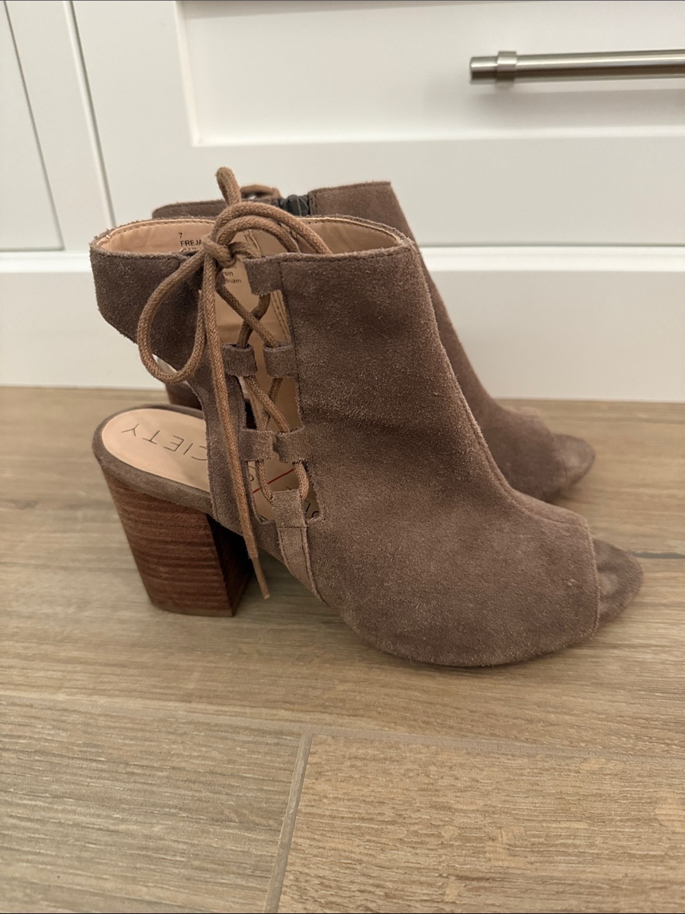 Sole Society Taupe Suede Peep-Toe Lace-Up Block Heel Booties